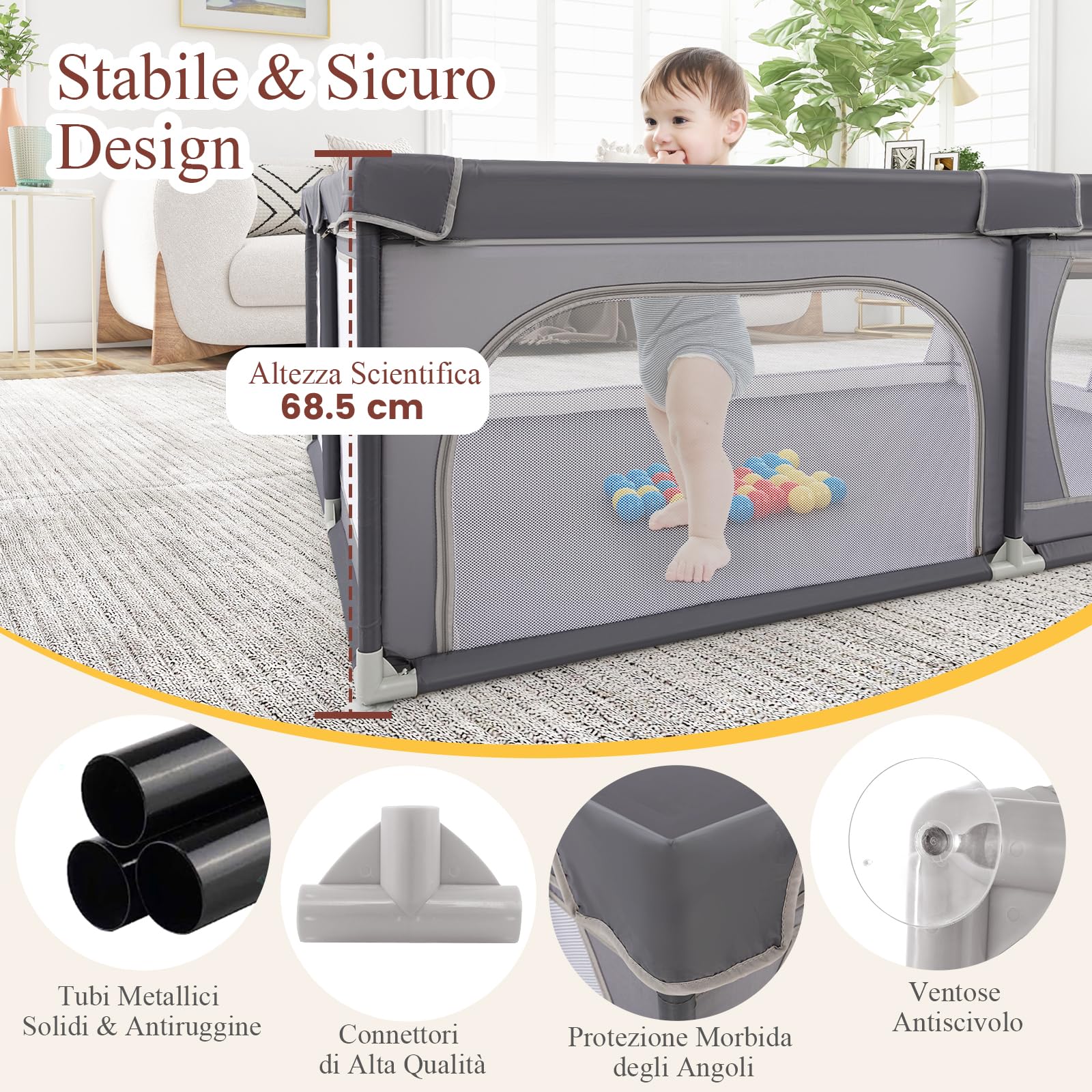 RELAX4LIFE Box Recinto per Bambini, Centro di Attività per Bambini dai 6 Mesi ai 3 Anni (206x147,5cm, E: 50 Palline+ Borsa di Trasporto+Tasca Laterale,GRIGIO)