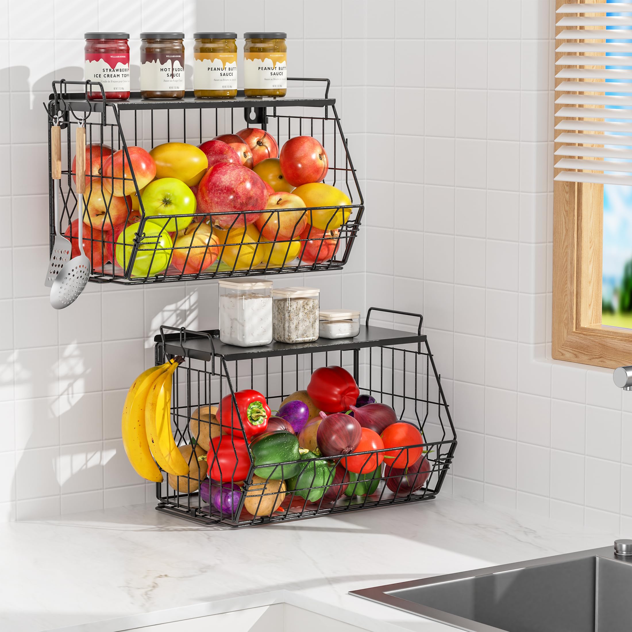Ezprotekt Paquete de 2 cestas de frutas apilables con tapas de metal, cesta de frutas, cestas de frutas apilables montadas en la pared, cestas de patatas, almacenamiento de cebollas para cocina, cesta