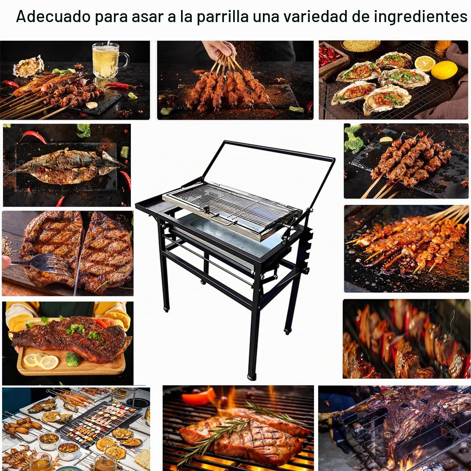 Parrilla de carbón para barbacoa con carrito, parrilla portátil desmontable cuadrada resistente al aire libre, parrilla de cocción giratoria de 360 grados con ruedas para camping, jardín, barbacoa