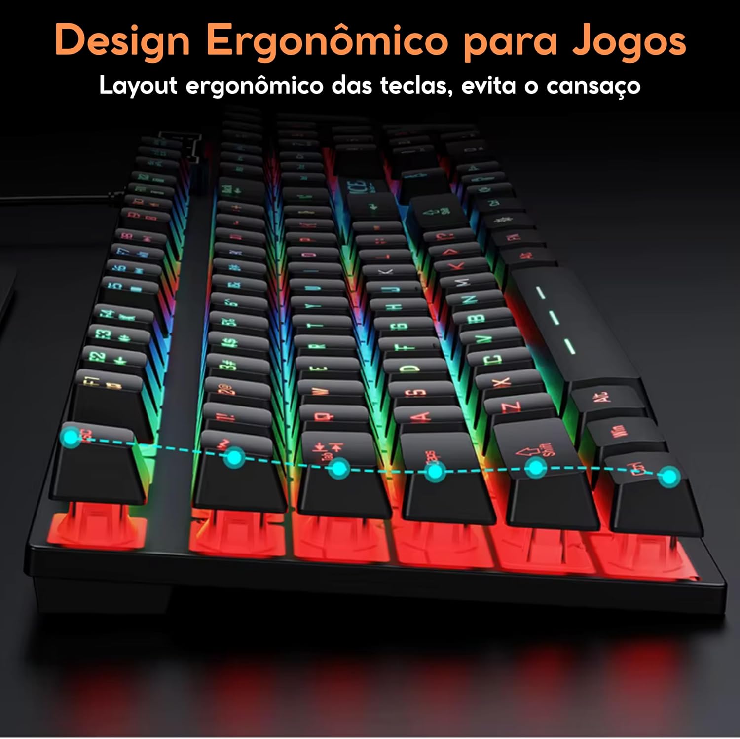 Teclado Gamer RGB LED Rainbow MTS • Membrana • Anti-Ghosting • ABNT-2 • USB-A • Multimídia FN 12 Teclas • Ideal para Jogos e Digitação • Setup Gamer • Elegante • Premium