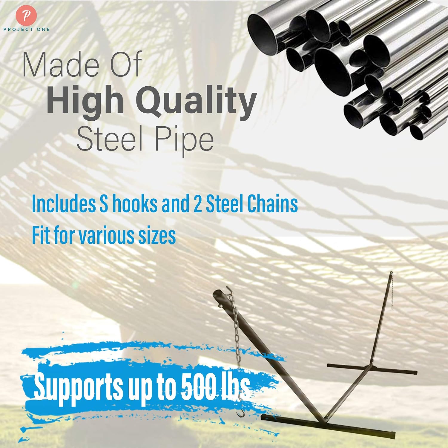 Project One Steel Hammock Stand, Weather-Resistant w/Adjustable Hanging Hooks, Powder-Coated Finish, Heavy Duty 500 LBS Capacity with 2 Steel Chains and S hook's 15" Feet (Bronze)