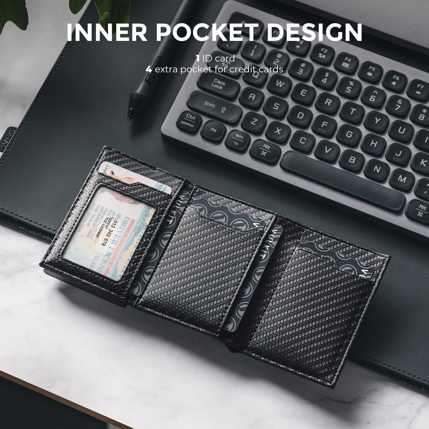 VULKIT Cartera de Tarjetas Pop-up de Cuero Con Bloqueo RFID, Compartimentos de Billetes de Larga Duración, Ventana de Identificación y Sello Magnético