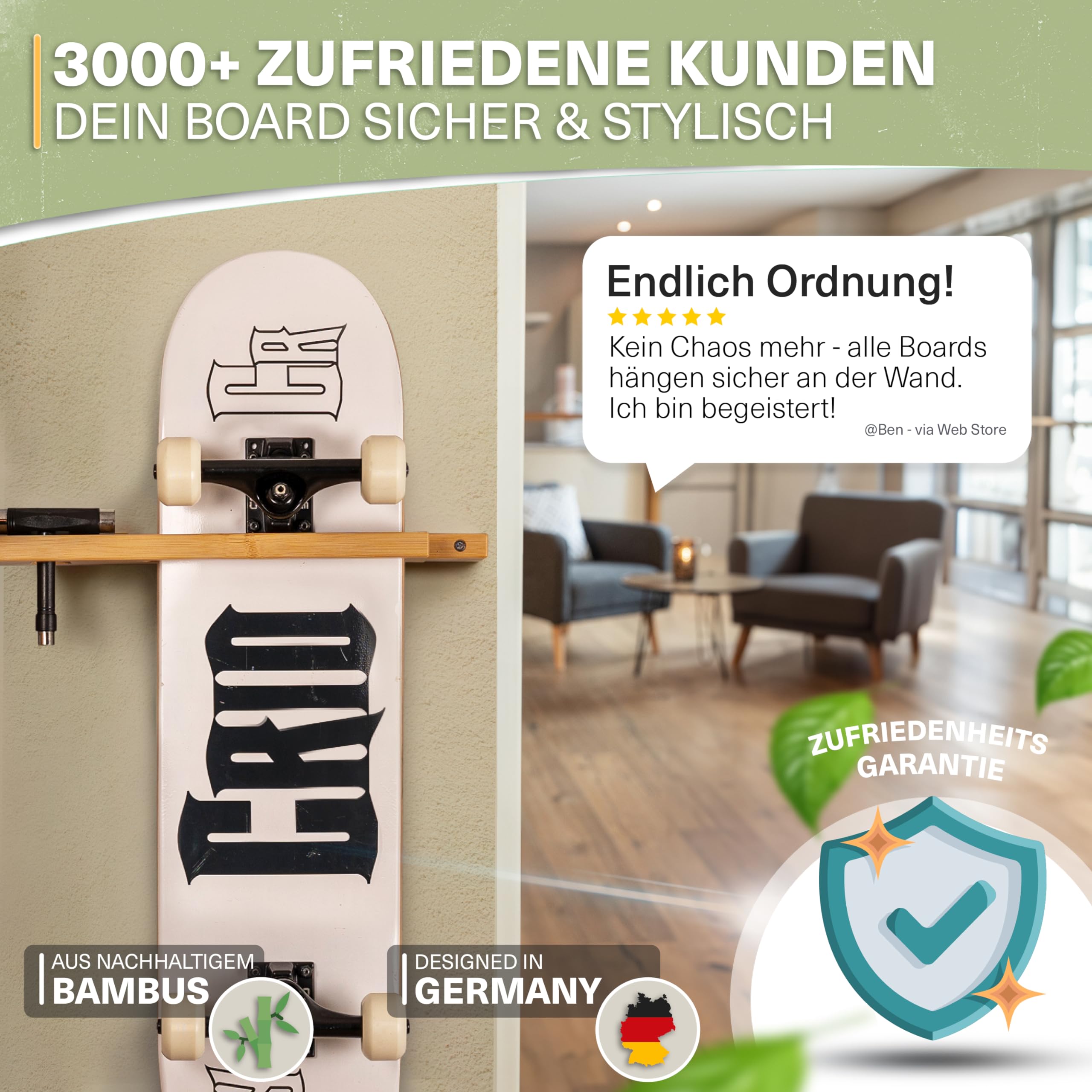 CRID Doppel Skateboard Wandhalterung aus Bambus - Universal Halterung für 2 Skateboards, Longboard, Snowboard, Wakeboard, Balance-Board - Inkl. gratis Montagekit - Modernes Design (Vertikal Halterung)