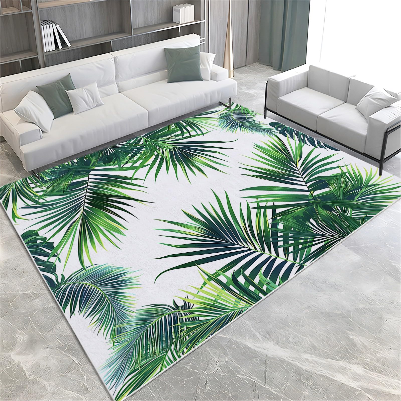 Tapis Salon Chambre Feuilles De Palmier Vertes 140x200cm Doux Antidérapant Tapis Intérieur, Lavable en Machine, pour Chambre Adulte Salle à Manger Cuisine Bureau