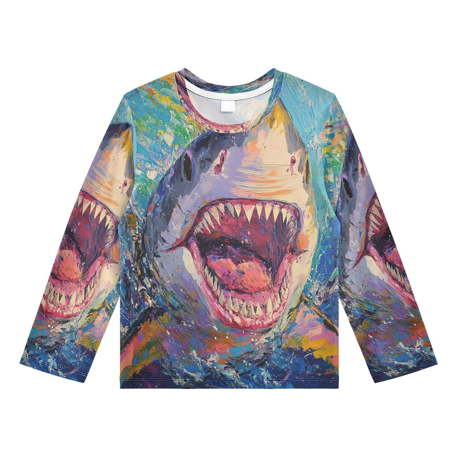 Shark Teal Rash Guard Shirt for Boys Sun Protection Shirt for Running Swiming Pool UPF50+ 7-8T