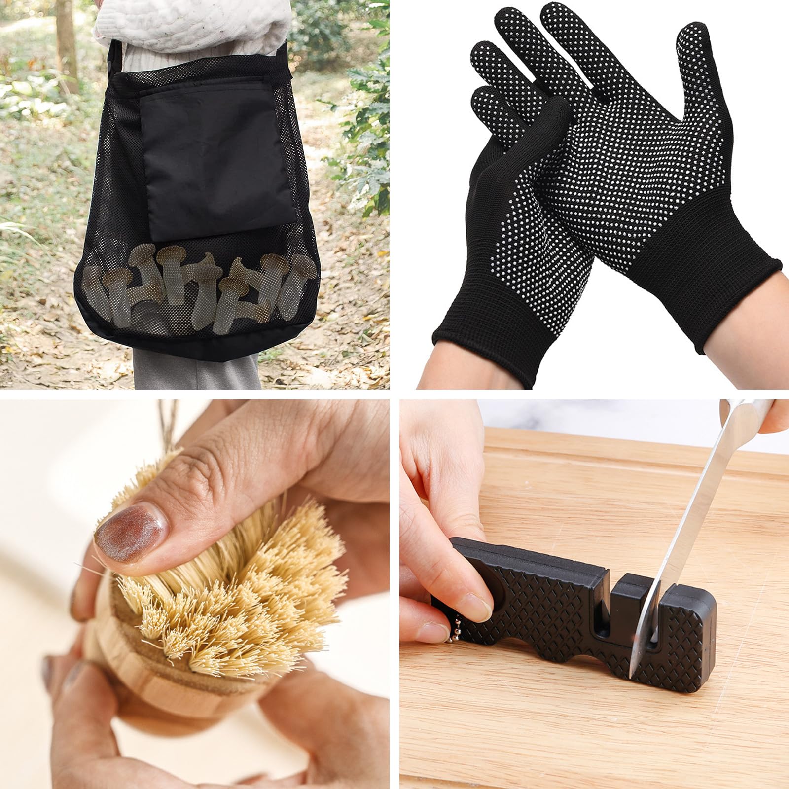 RANJIMA Coltello per Funghi, Coltello Funghi con Spazzola, Borsa da Caccia, Affilacoltelli, Pennello per Funghi, Coltello Pieghevole per Esterni con Manico in Legno, per la Raccolta dei Funghi