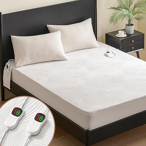 Homemate Protector de colchón térmico tamaño King, 5 ajustes calefactables 3D de tejido jacquard eléctrico King, calentador de cama con doble