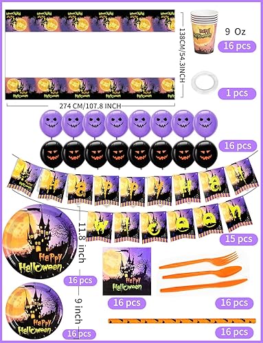 Miniatura 3 de 146 platos y servilletas de Halloween, suministros para fiesta, juego de vajilla para fiesta temática de Halloween, decoración de fiesta para 16