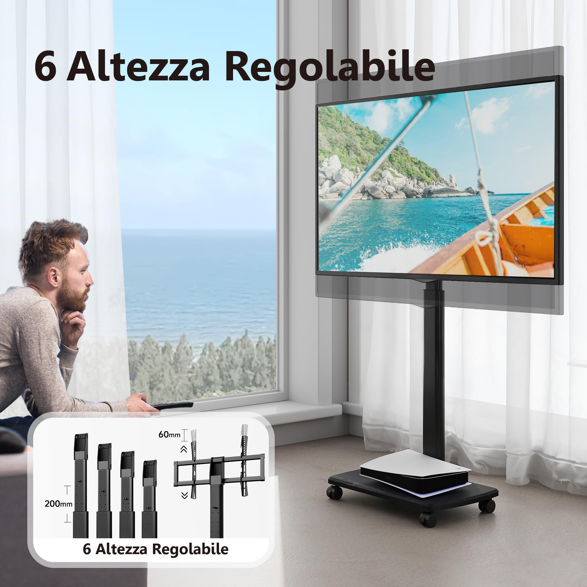FITUEYES Carrello Porta TV con Ruote per 32-70 Pollici, 60° Girevole & 6 Altezza Carrello TV con Ruote e Legno Base, Supporto TV da Pavimento Max VESA 600x400mm Carico 40kg