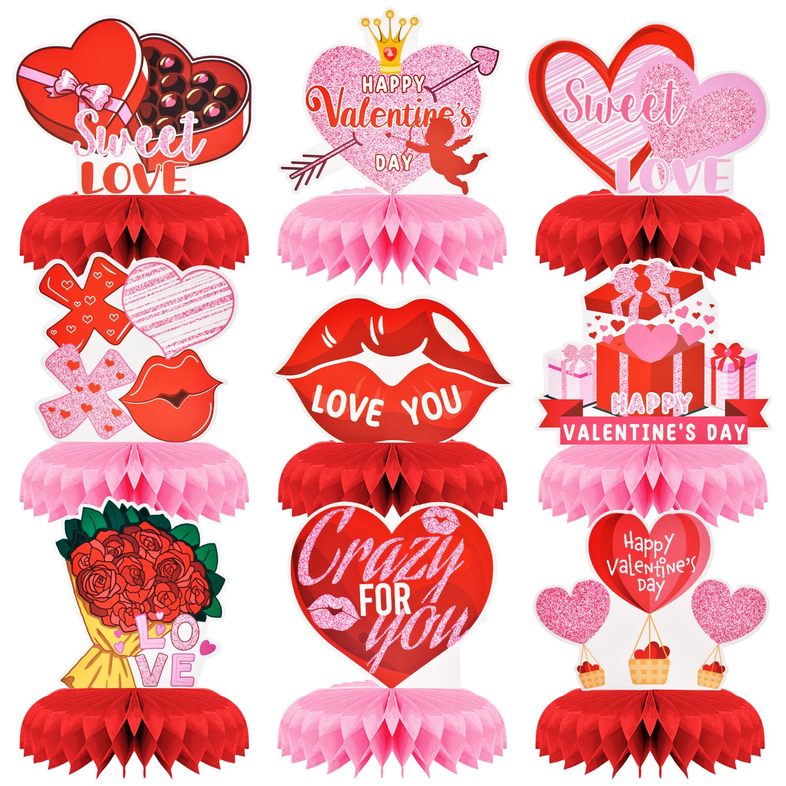 9 Pcs Valentine's Day Honeycomb Centerpieces - Romantic Red & Pink Table Topper Decorations, Assorted Love-Themed Ornaments Signs, Heart & Kiss XOXO Designs for Sweetheart, Wedding Party Supplies