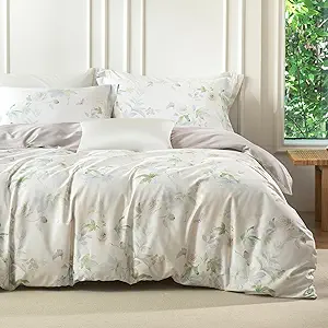 MILDLY Queen Size Duvet Cover Set 100% Long-Staple Cotton Luxury White Floral Patten Reversible Comforter Cover Set 3Pcs