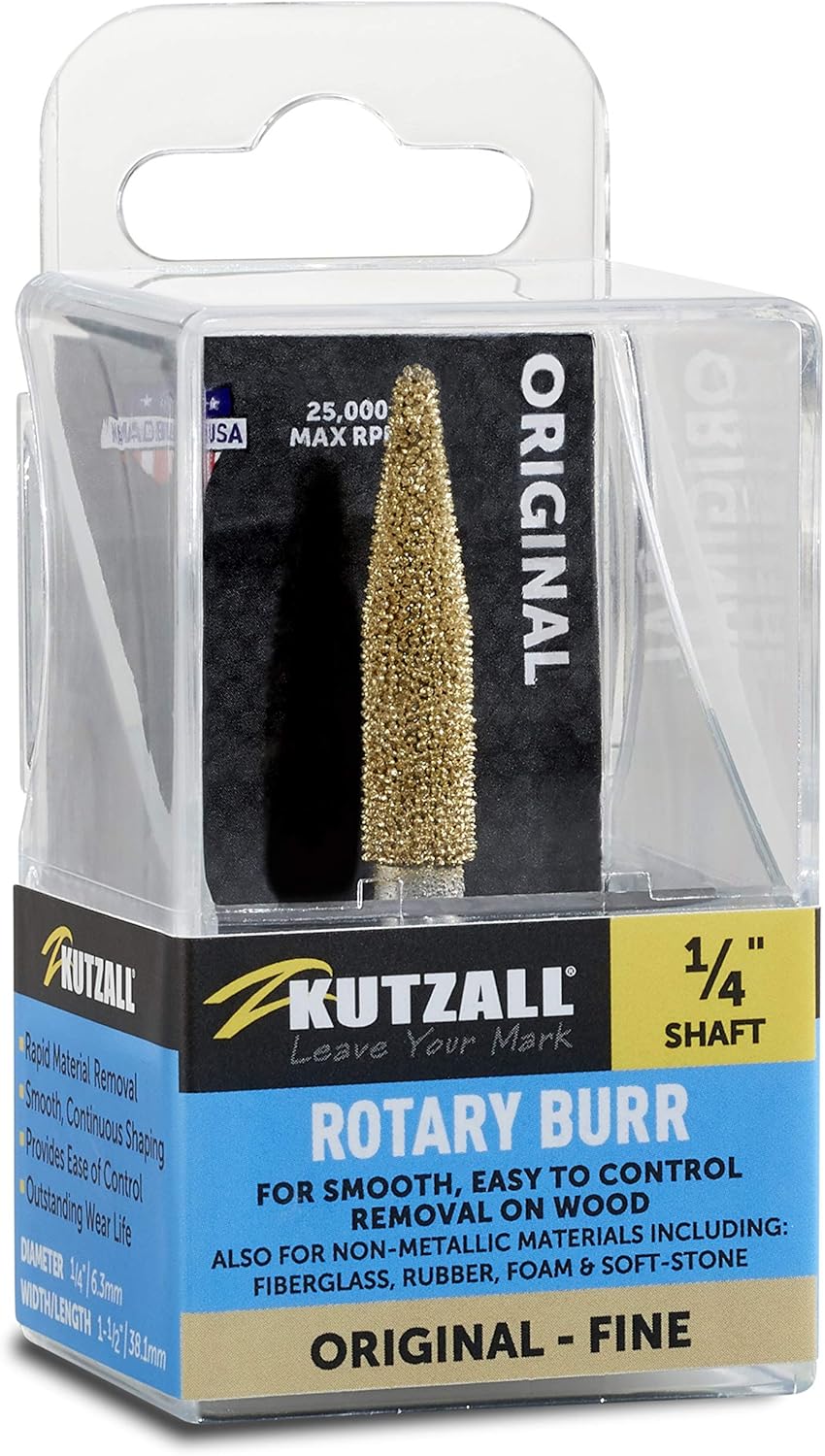 Kutzall Extreme Taper Rotary Burr, 1⁄4" Shaft, Very Coarse - Wood Carving Bit for Bosch, DeWalt, Milwaukee. Abrasive Tungsten Carbide, 3⁄4" (19mm) Dia. X 1-1⁄4" (31.8mm) Length, TX-34C