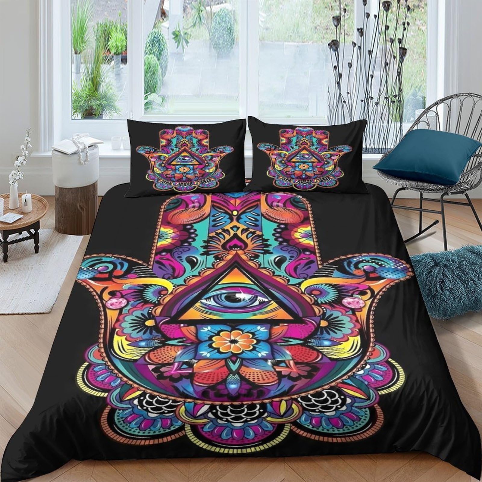 Ctjqhvkz Style-2 3D Printed Psychedelic Hamsa Fitted Sheet Microfiber Vibrant Mandala Eye Mattress Cover Bedroom Decor Machine Washable Single（135X200cm）
