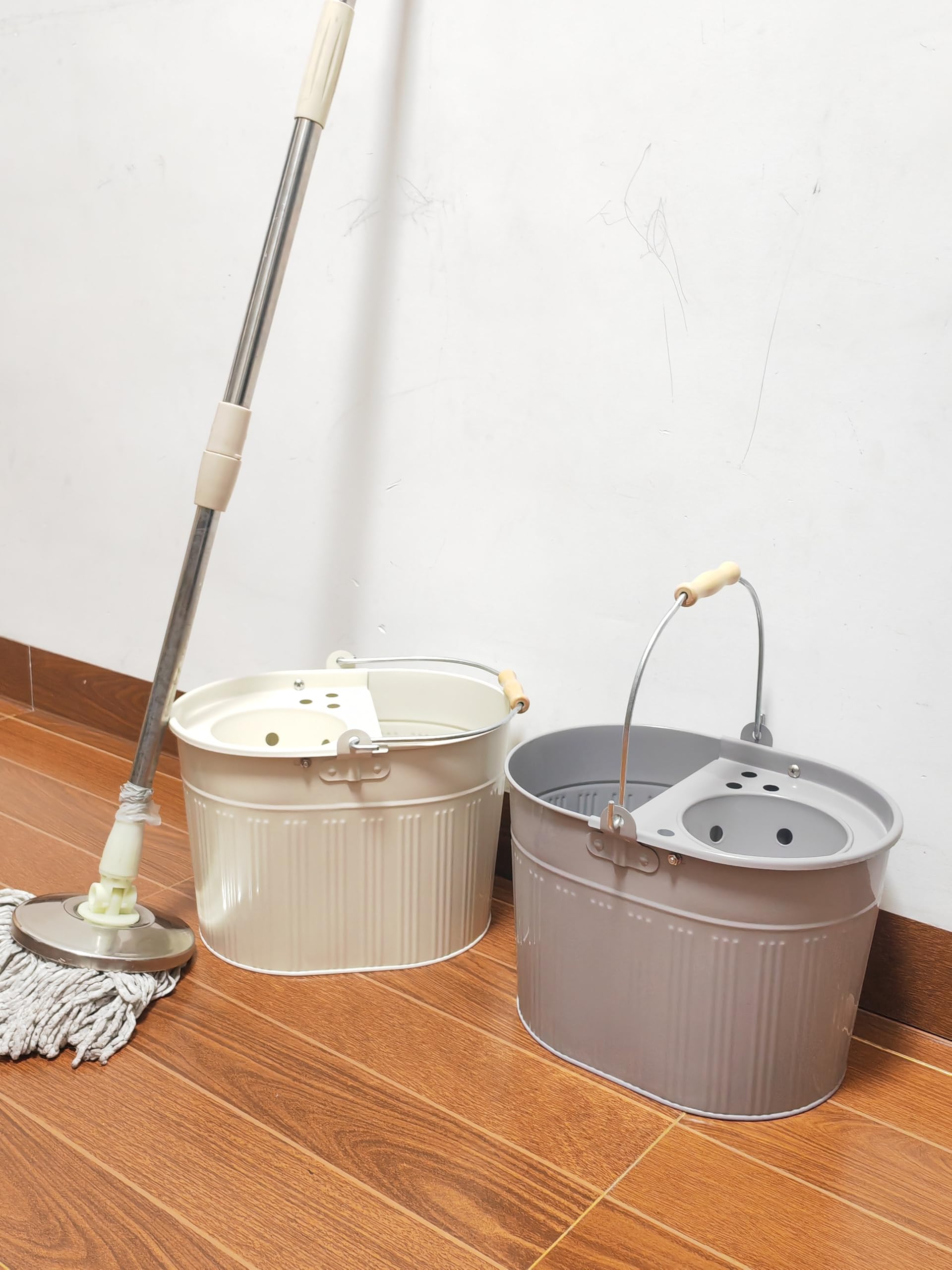 Cubo de acero galvanizado para fregona de 13 litros, grande, industrial, reforzado, resistente, de acero para limpieza general en casa y oficina (blanco roto)