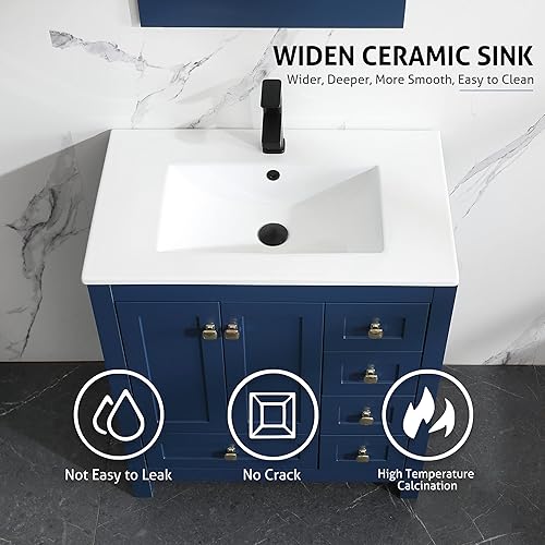 Miniatura 5 de LUCKWIND Combinación de tocador y lavabo de baño de 30 pulgadas, armario de baño pintado moderno con lavabo de cerámica, grifo, espejo y cajones,