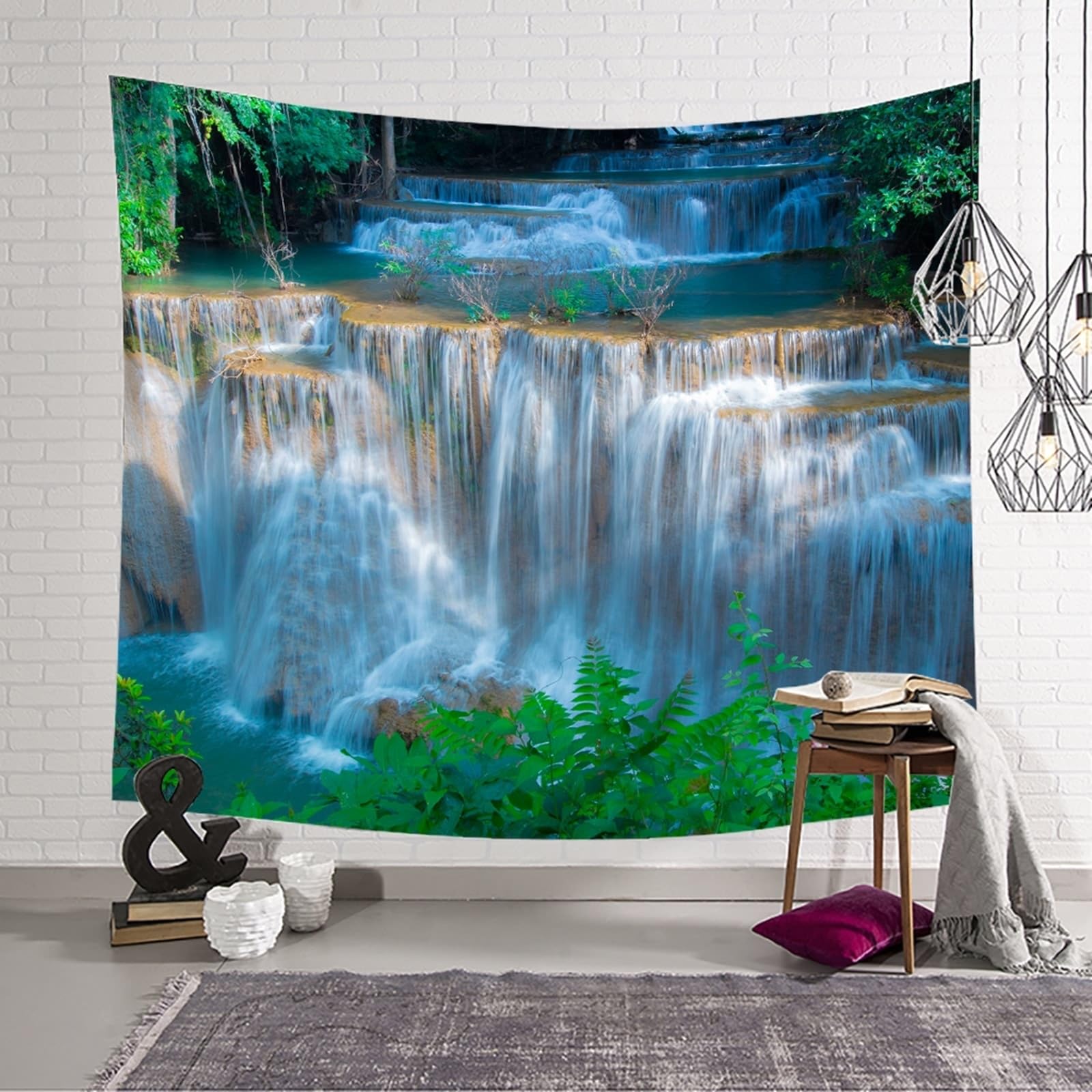 Skcess Jolie tapisserie en polyester, vert et blanc, cascade, paysage naturel, tapisserie nature, 240 x 220 cm