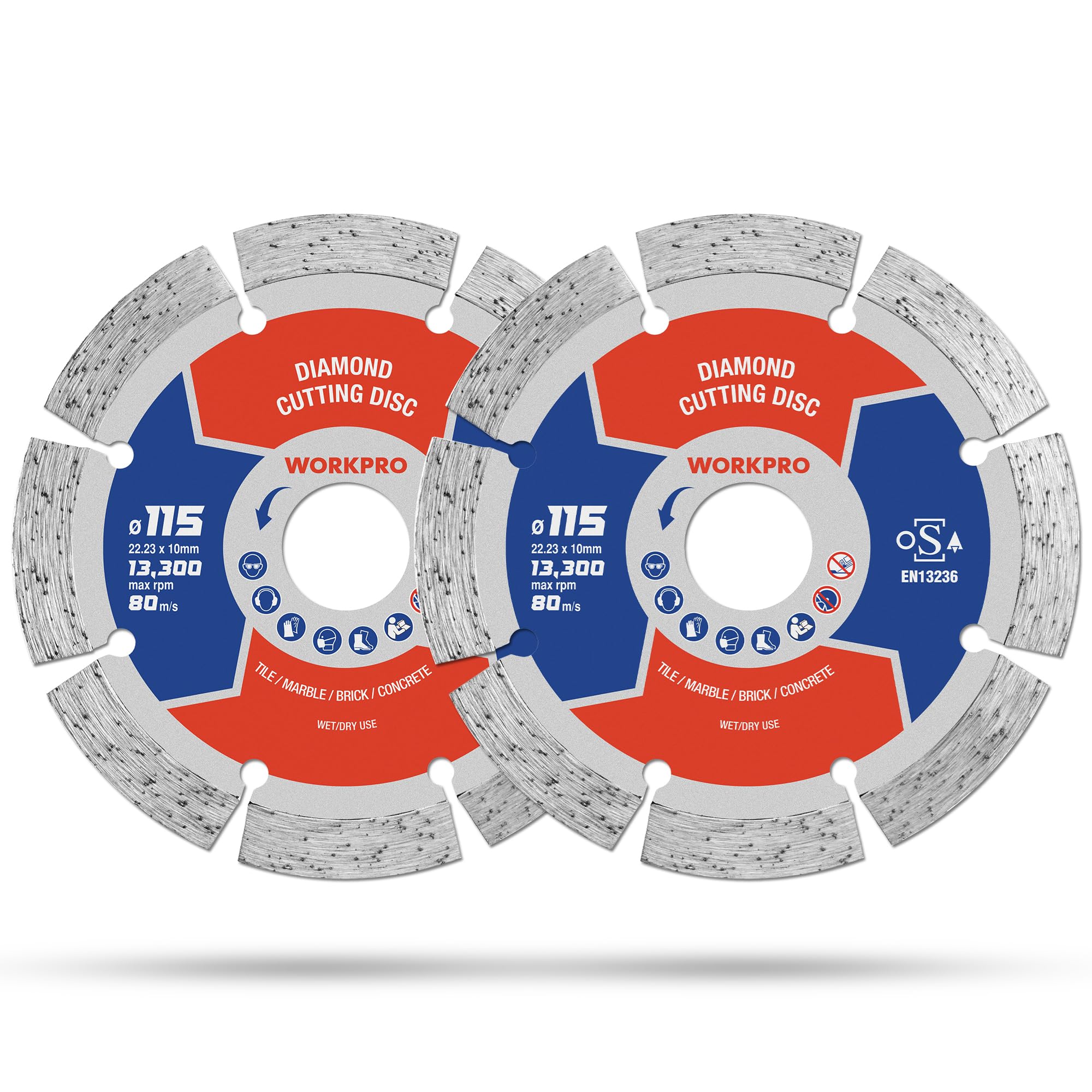 WORKPRO 115 mm Diamond Cutting Discs (4.5") 2-Pack Segmented Blades for Angle Grinder, Concrete, Stone, Masonry, Tile
