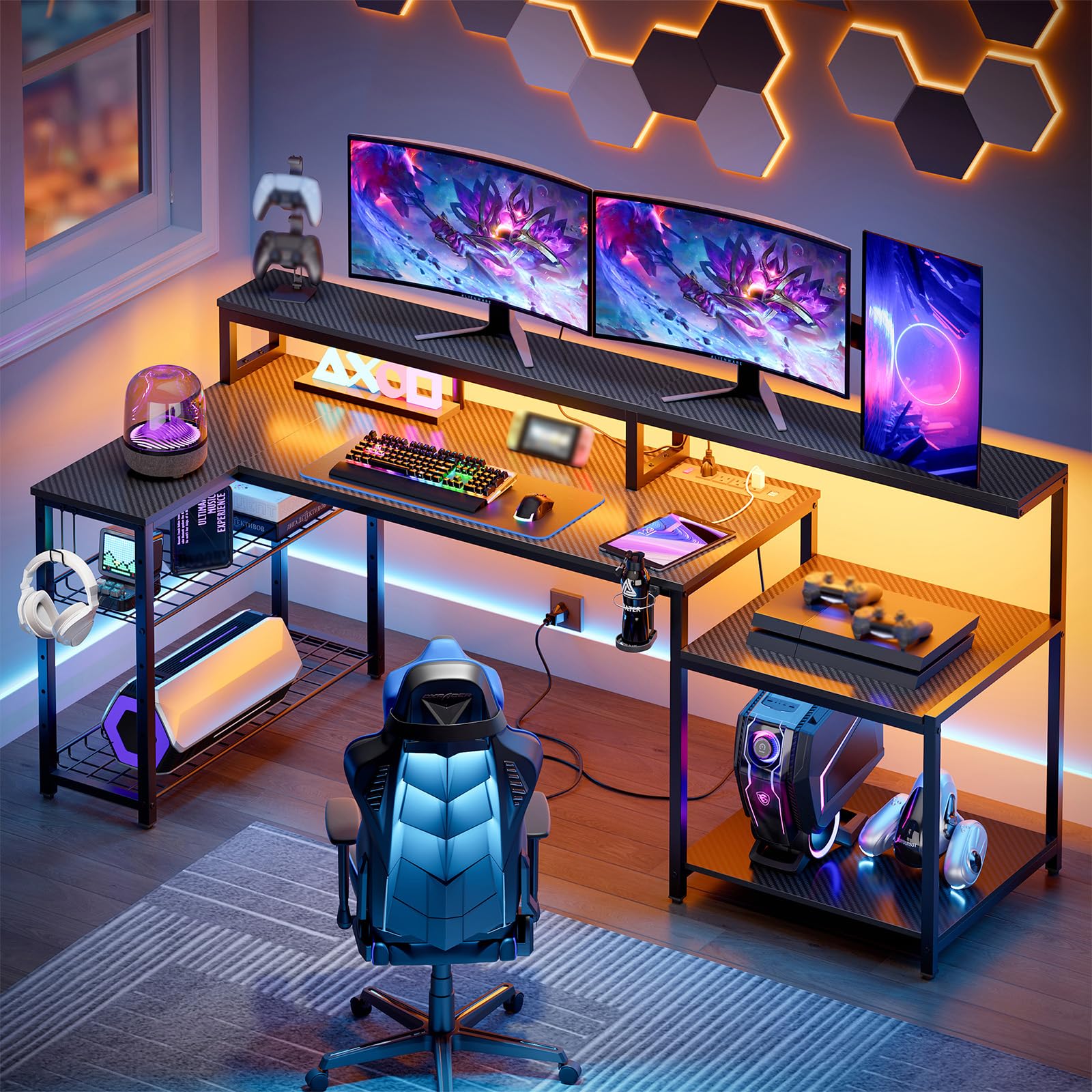 Bestier L Shaped Gaming Desk with Power Outlets, 71.5 LED Computer Desk with Long Monitor Stand, Large Corner Desk with Storage Shelf, Cup Holder Headset Hooks, Cool Desk for Gaming Room, Black