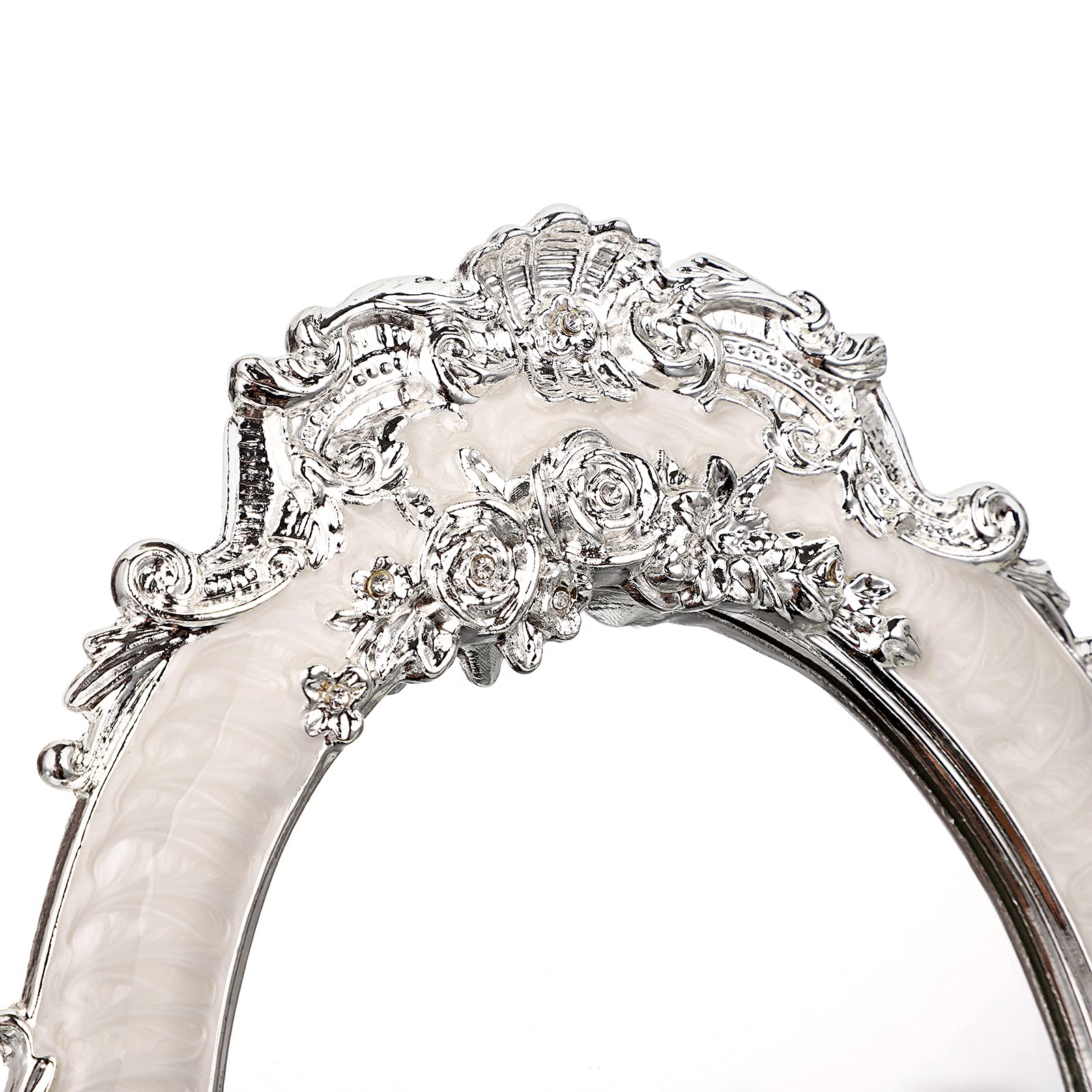 Espejo de tocador pequeño de mesa, espejo de escritorio de metal vintage con soporte, rosas antiguas en relieve, espejo de maquillaje, espejo retro ovalado decorativo para centros de mesa 3