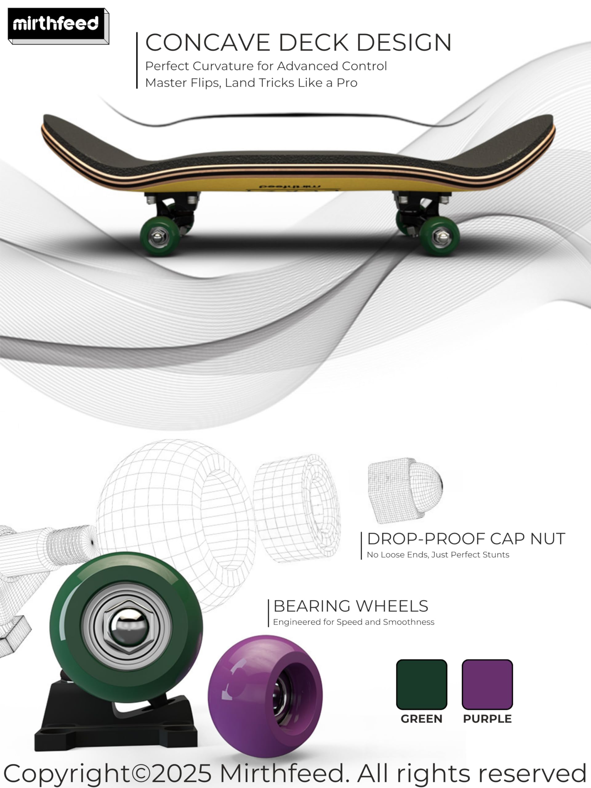 MIRTHFEED 32mm Pro Fingerboard Complete Set | Bearing Wheels | 5 Ply Maple Deck | Anti Skid Grip Tape | Complimentary Tool | Concave Shape 2