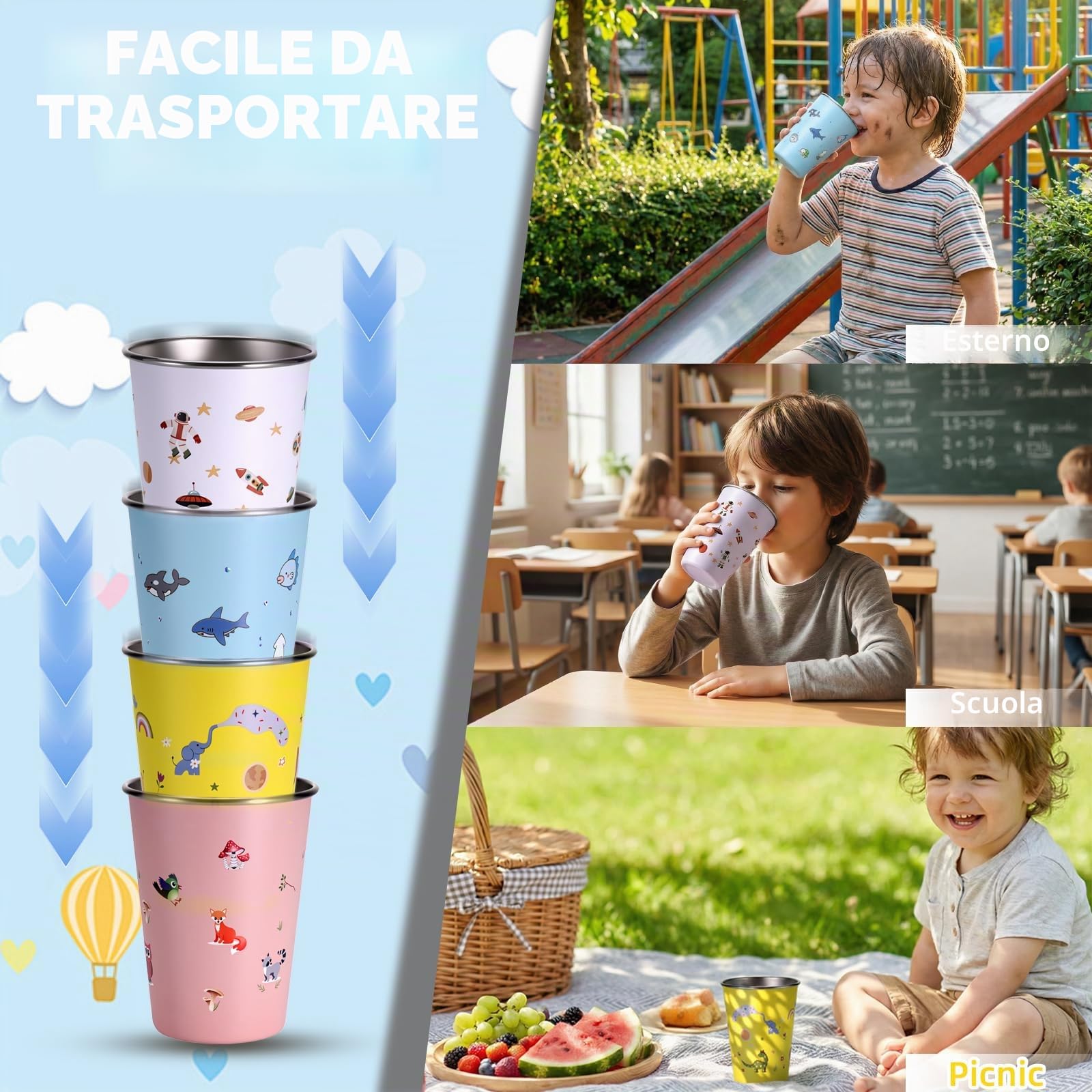 Hejo Set di 4 Tazze in Acciaio Inox per Bambini, Impilabile Tazza campeggio 350 ml, Riutilizzabili, Tazze infrangibili per bambini e bambine, per Picnic, Viaggi, Barbecue, Escursioni