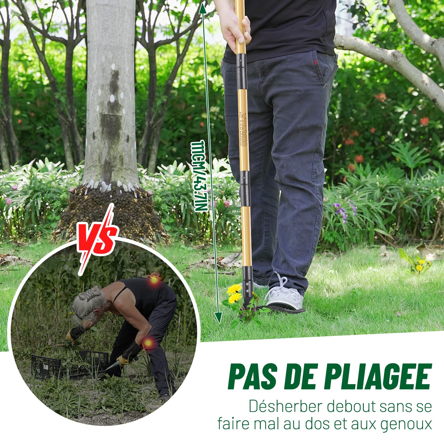 Désherbeur Manuel 1.1m Longueur, Arrache Pissenlit, Manche en Bambou Naturel et 4 Griffes en Métal, Désherbeur de Jardin Debout avec des Gants de Jardinage, Adapté Aux Animaux (Upgrade)