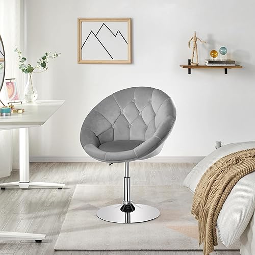 Miniatura 2 de Yaheetech Silla de tocador para sala de estar, silla de maquillaje de terciopelo redonda con respaldo copetudo, silla giratoria con marco cromado de
