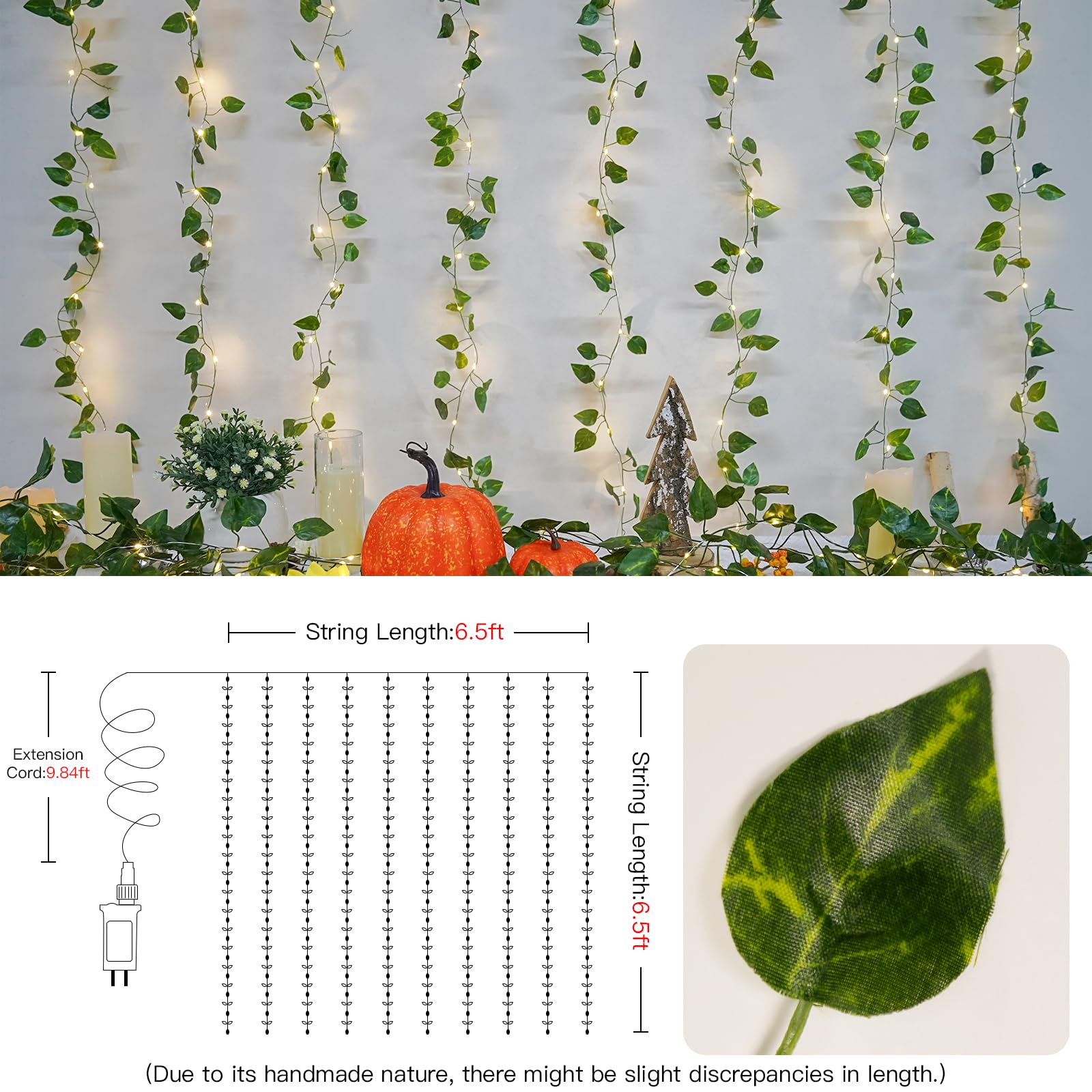 suddus 200 LED-Reben mit Lichtern, 2 x 2 m, Pothos-Vorhang-Lichterkette mit Fernbedienung, hängende Lichterkette mit Ranken für Schlafzimmer, Wand, Schlafsaal, Hochzeit, Party, Innendekoration