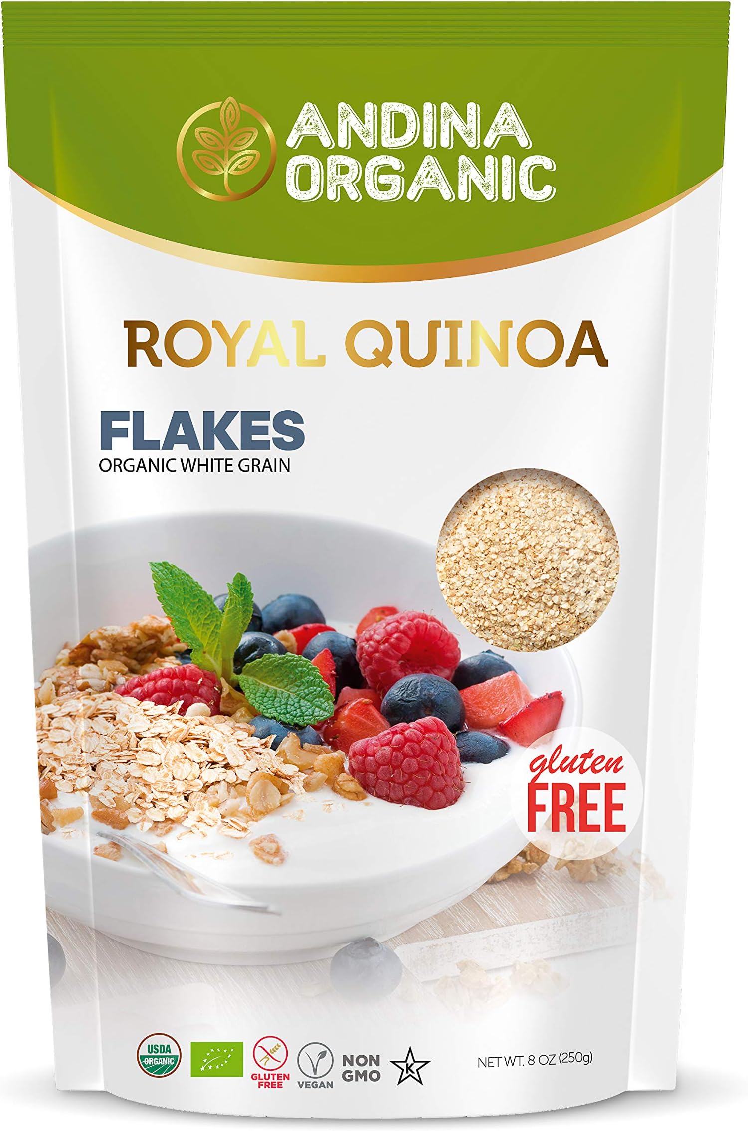 Andina Organic - Quinoa Flakes Organic Gluten Free | Oatmeal Substitute Cereal Source of Protein Iron and Fiber| Unsweetened Whole Grain Quinoa Seeds Superfood