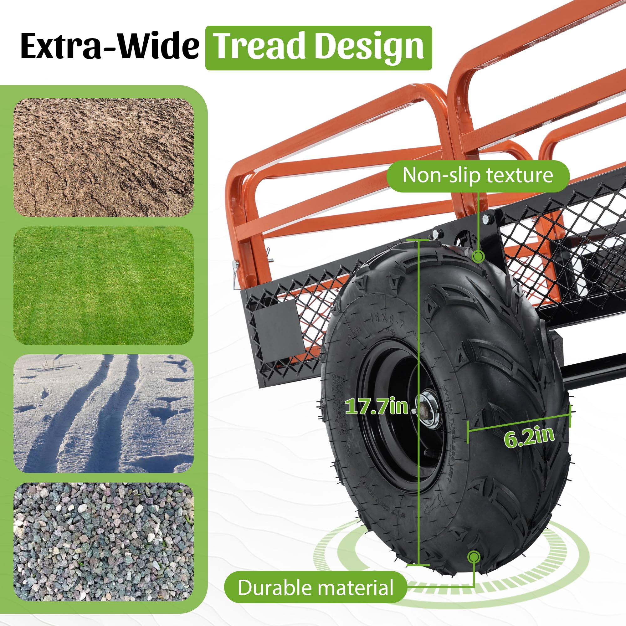 Remolque de carro de descarga resistente de 1500 libras de capacidad de 15 pies cúbicos con descarga de doble control para ATV UTV tractor cortacésped de giro cero, neumáticos todo terreno y