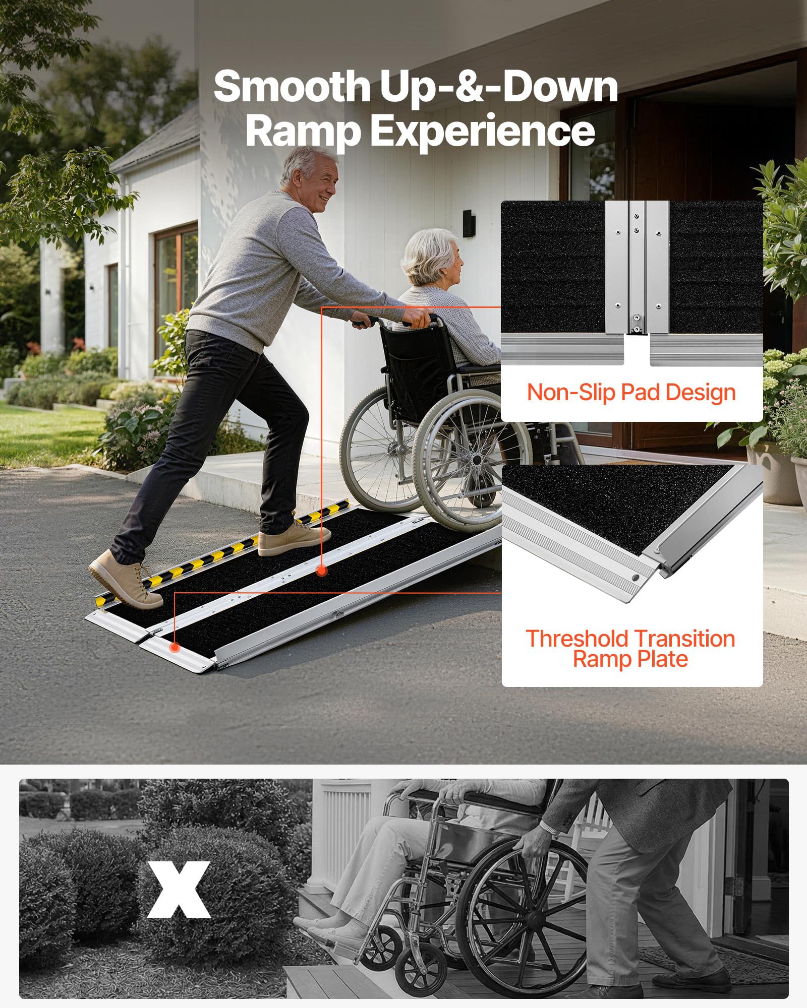 VEVOR Rampa para Silla de Ruedas Plegable Aluminio 1219,2 x 736,6 x 50,8 mm, Rampa de Umbral Antideslizante con Capacidad de 362,9 kg para Puertas, Andadores, Escaleras, Scooters, Entradas, Uso Diario
