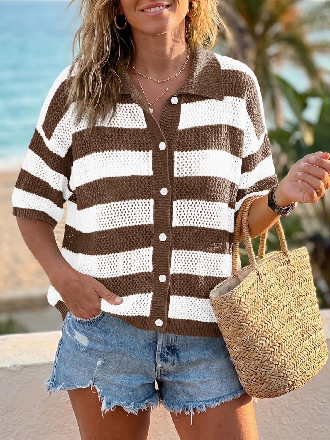 Cicy Bell Womens Summer Striped Crochet Cardigan Sweater Half Sleeve Button up Tops Loose Fit Cover Up