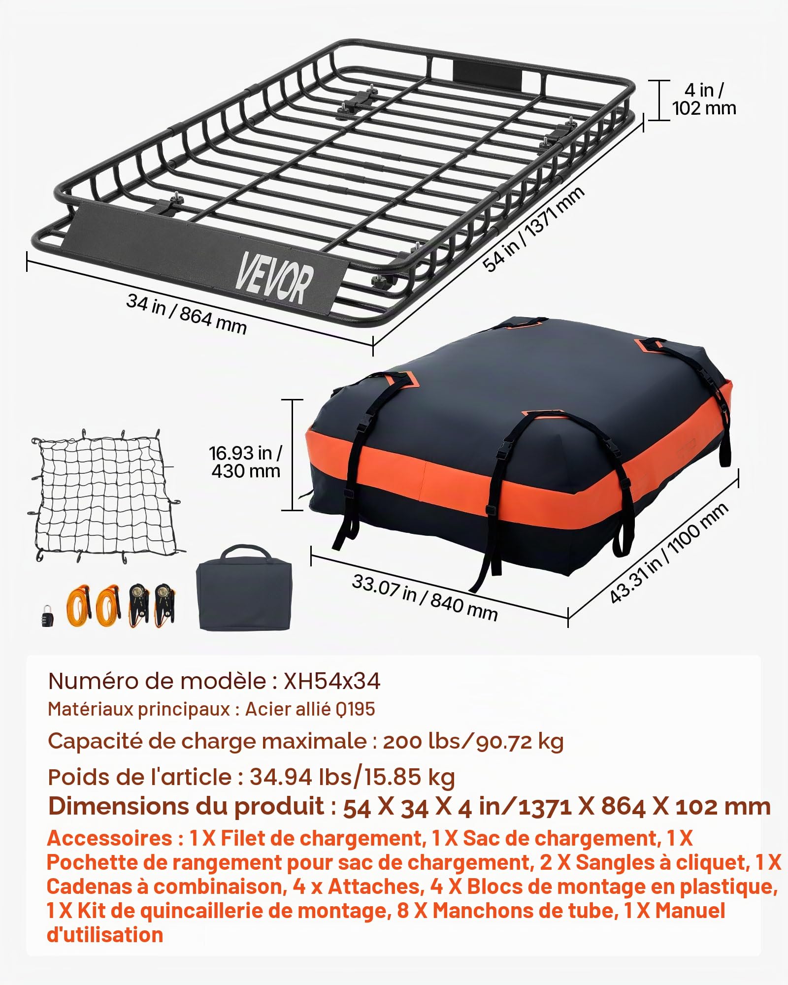 VEVOR Panier de Toit pour Voiture, 1371x864x102 mm, Porte Bagage avec Sac Étanche, Filet de Chargement et Sangles à Cliquet, Capacité de 90,72 kg, Galerie de Toit Universelle, pour SUV, Camionnette