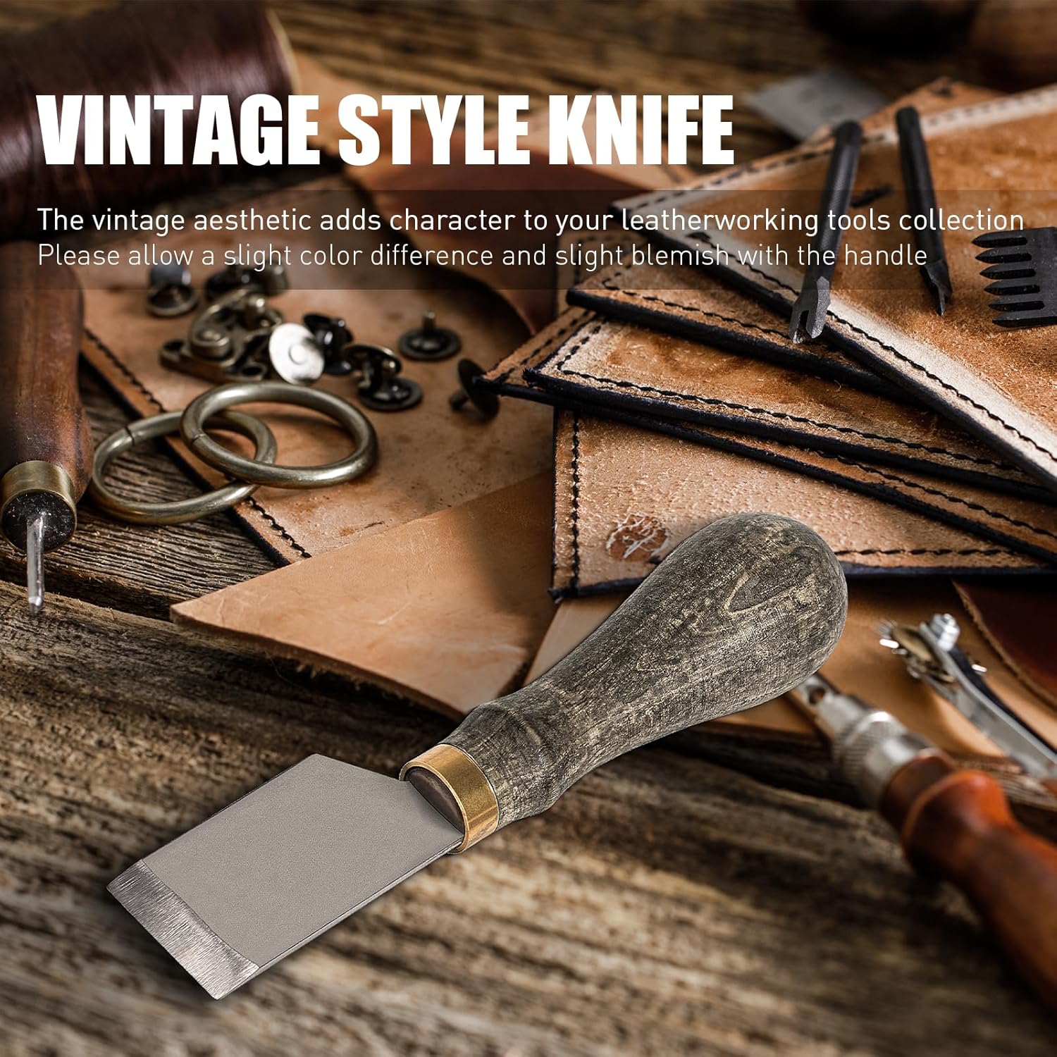 Vintage Leather Cutting Knife Hand Made Forged Leather Skiving Knife for DIY Leathercraft Cutting, with Wooden Handle and Protective Case, Vintage Style