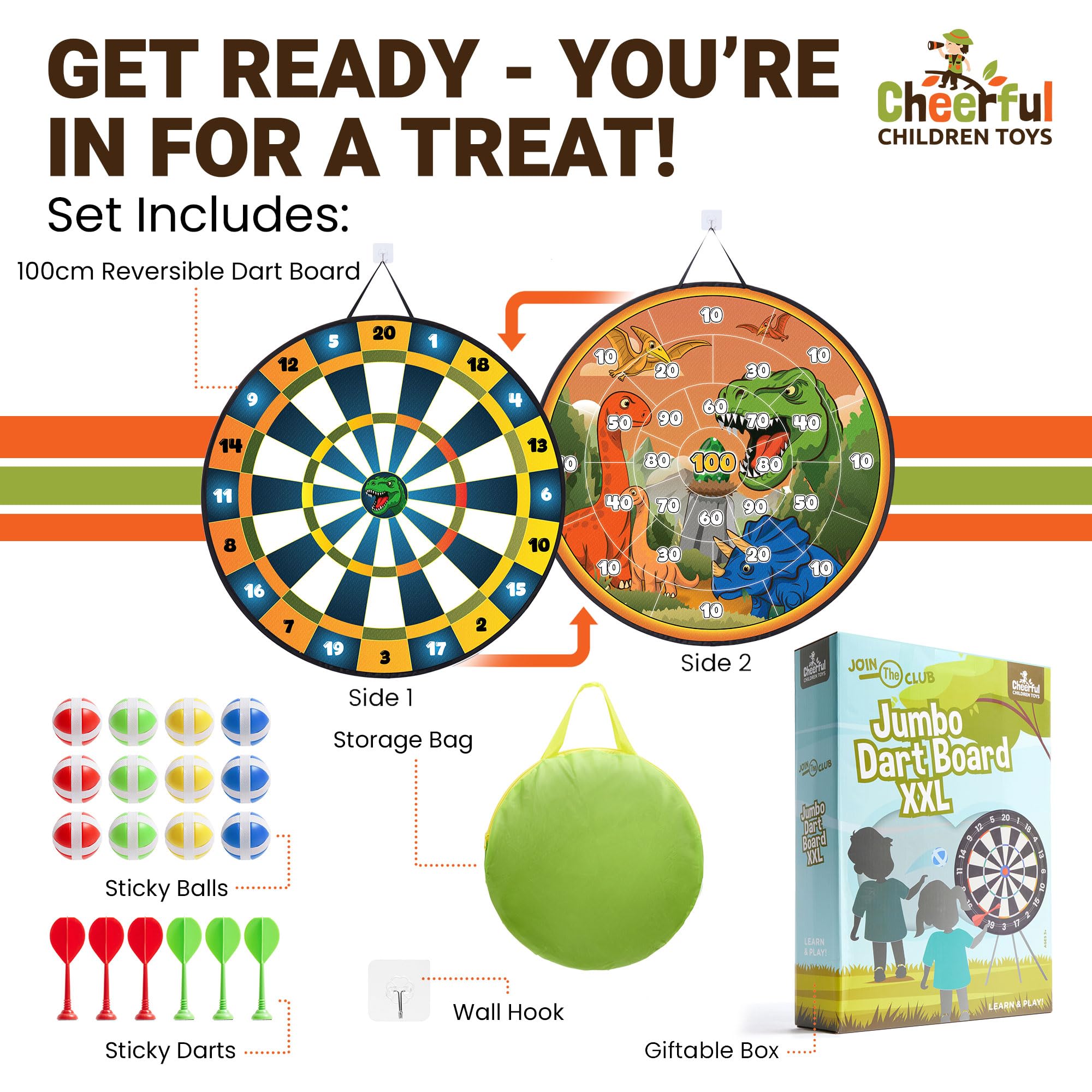 Cheerful Children Toys Jumbo Kids Dart Board Set XL or XXL, Large Dart Board with Reversible Designs - Image 3