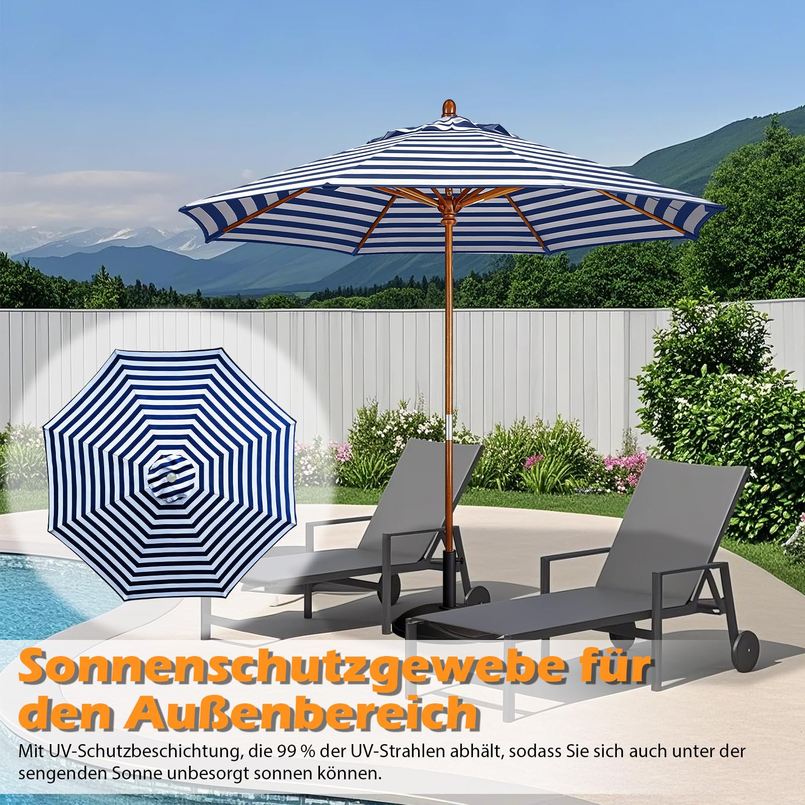 ACESOME Housse de rechange pour parasol - 2 m, 2,7 m, 3 m - Côtes 6/8 - Pas de support de parasol - Auvent de rechange - Pour cour, jardin, piscine (bleu et blanc, 3 m/8 côtes)