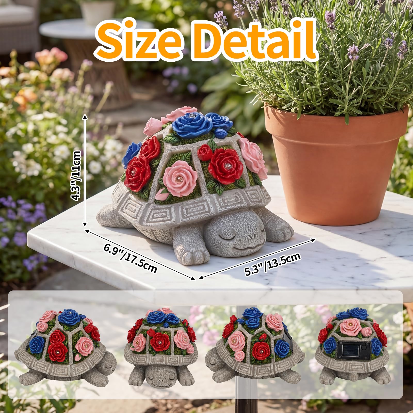 Solar Turtle Garden Statue Outdoor Decor, Red Rose with 7 LED Lights view 2