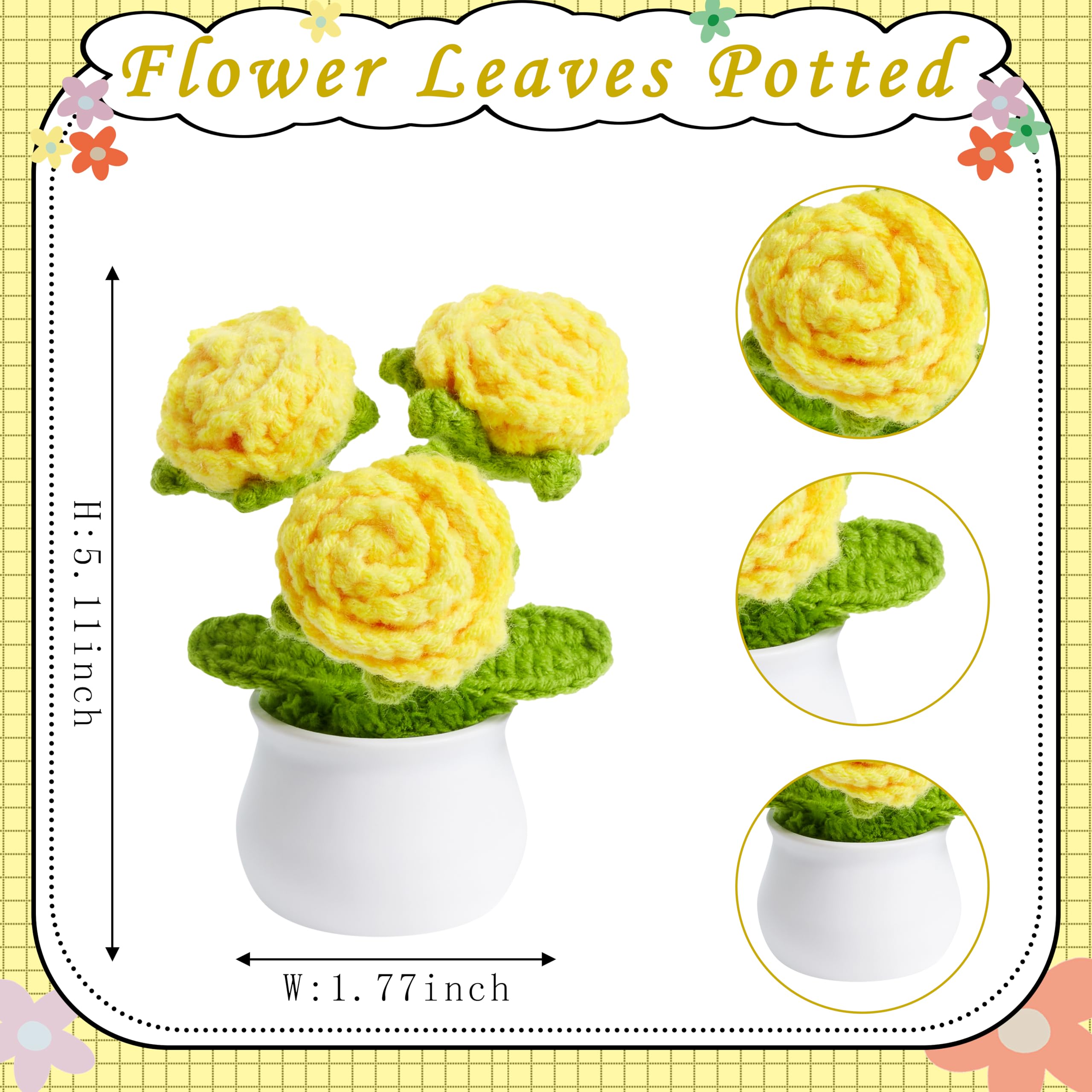 LAIDANLA Crochet Flowers Yellow Roses Mini Potted, Handmade Anniversary Graduation Appreciation Birthday Small Gifts for Women Friend Teacher Coworker Mom Knitted Flower for Desk Car