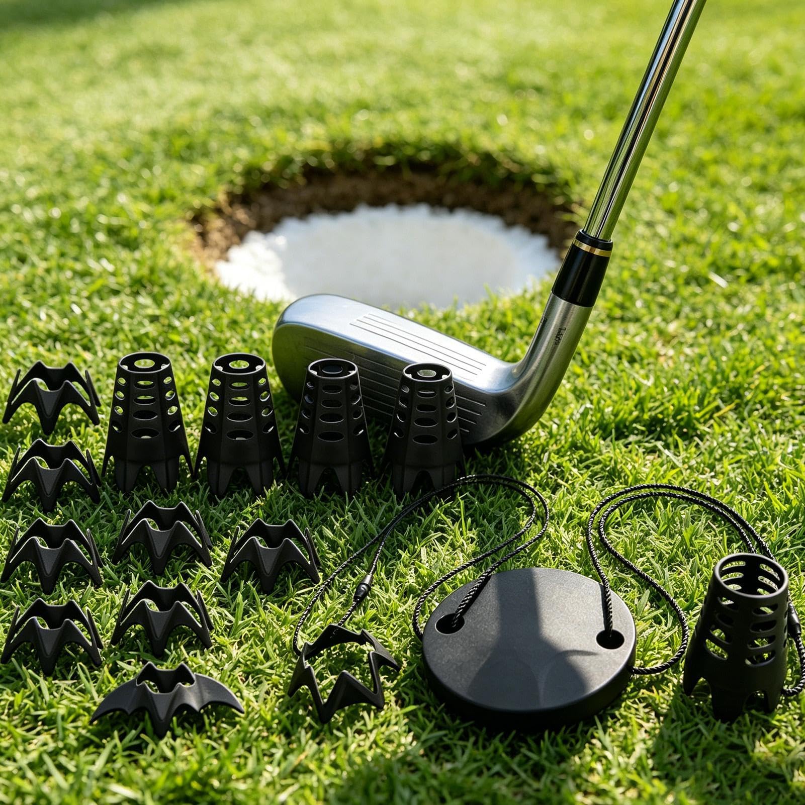 Tees para tapete golf Kit negro de gadgets de entrenamiento reutilizable y