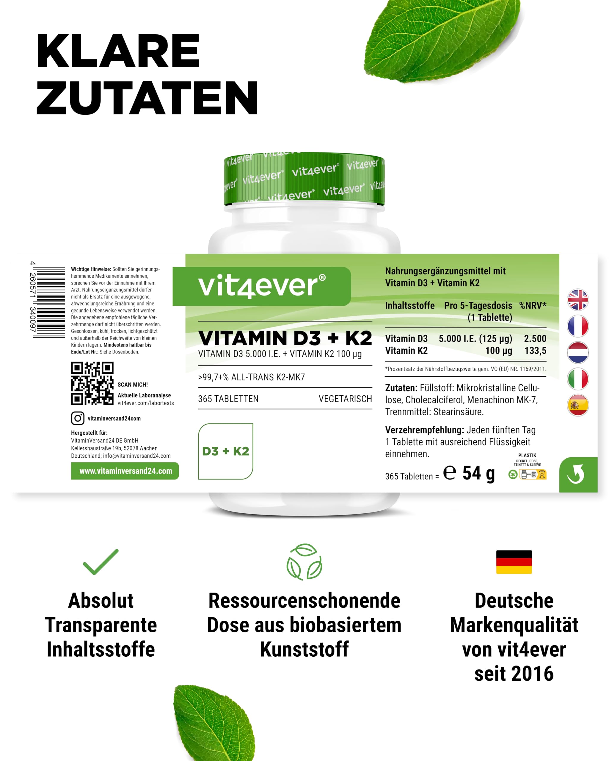 vit4ever Vitamin D3 + K2 Depot - 365 Tabletten - Premium Rohstoff: 99,7+% All-Trans - Mit 5000 I.E. Vitamin D3 pro Tablette - Vegetarisch - Premium Qualität - Ohne unnötige Zusätze | 100 µg Vitamin K2 MK7, aus Lanolin, vegetarisch, ohne unnötige Zusätze &