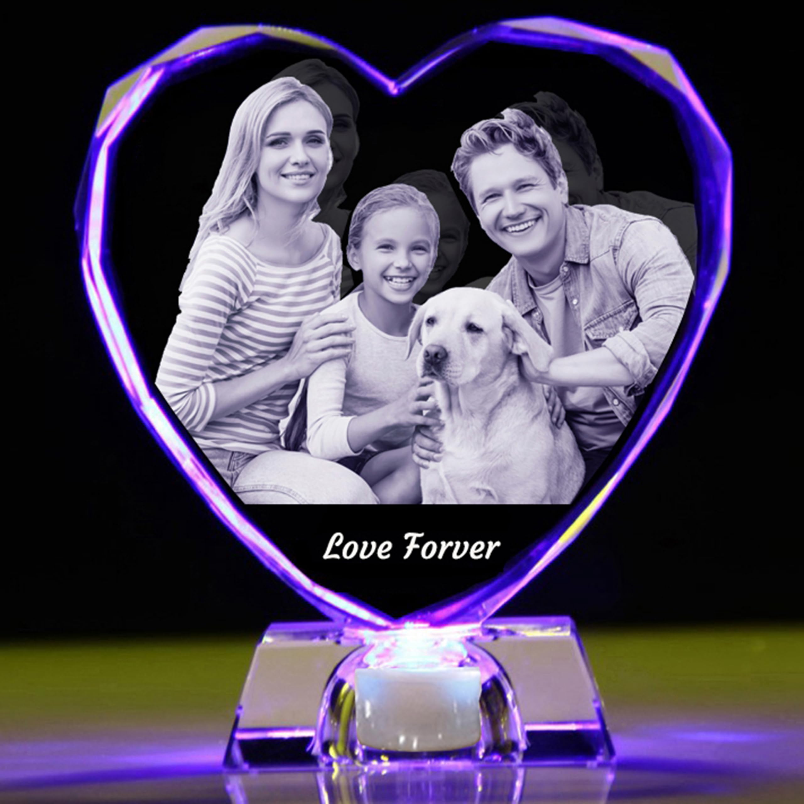Photo en cristal 2D/3D personnalisée en verre - Souvenir en forme de cœur gravé avec votre propre image (anniversaire, mariage, fête des mères, fête des pères, Saint-Valentin, Noël)