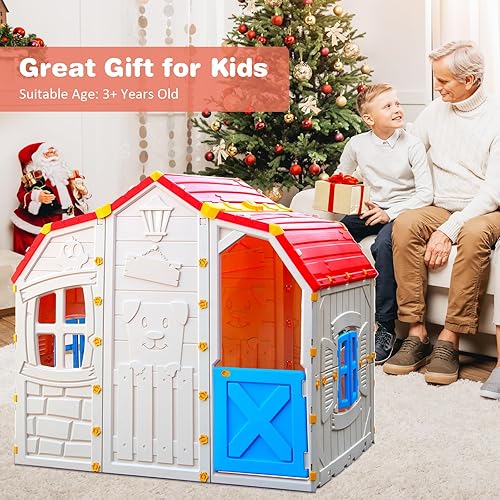 Miniatura 8 de Costzon Casa de juegos espaciosa para niños, juego realista con ventanas que se pueden abrir, puertas de trabajo, techo rojo y bonitos patrones de