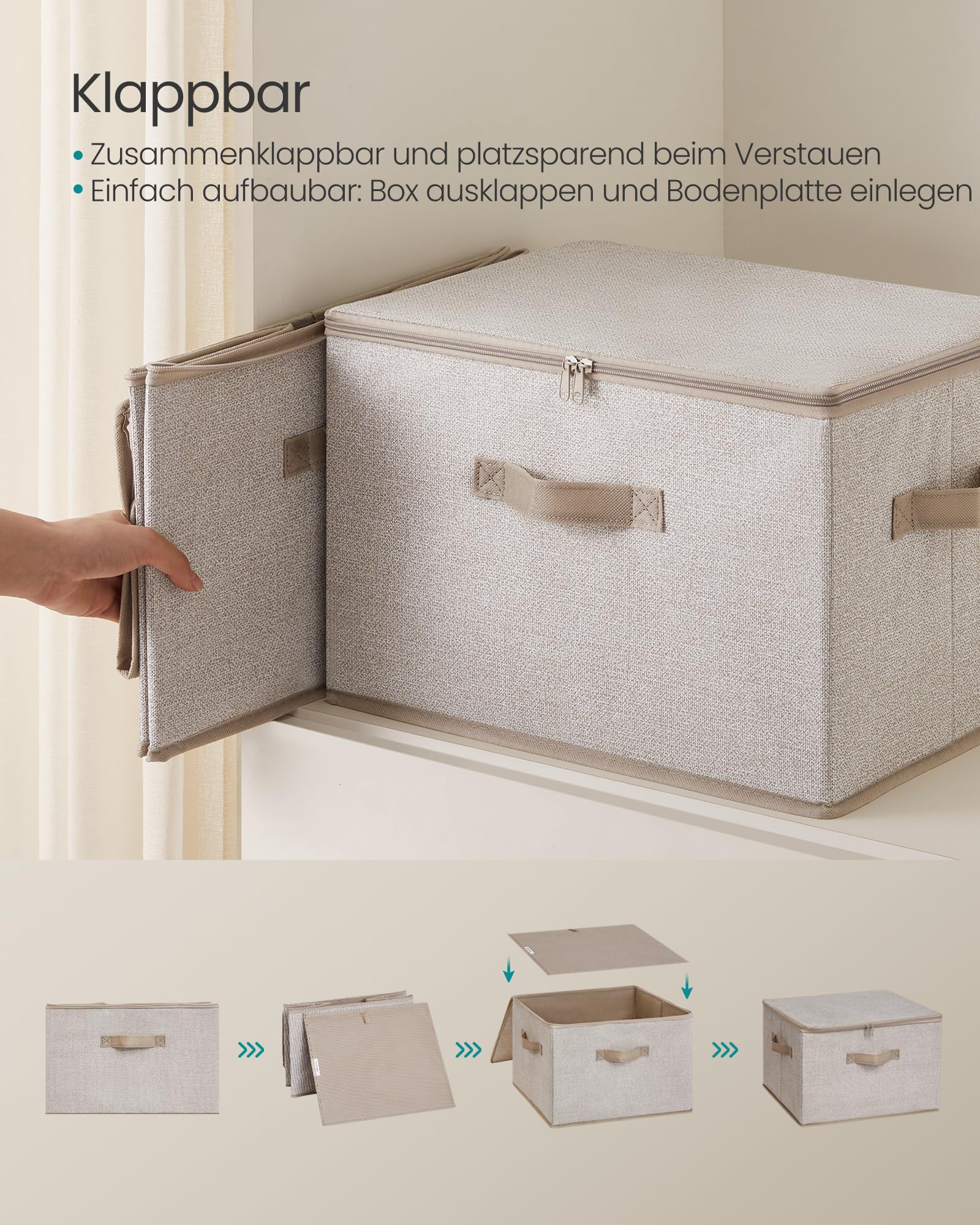 SONGMICS Aufbewahrungsbox mit Deckel, 3er Set, faltbare Stoffbox