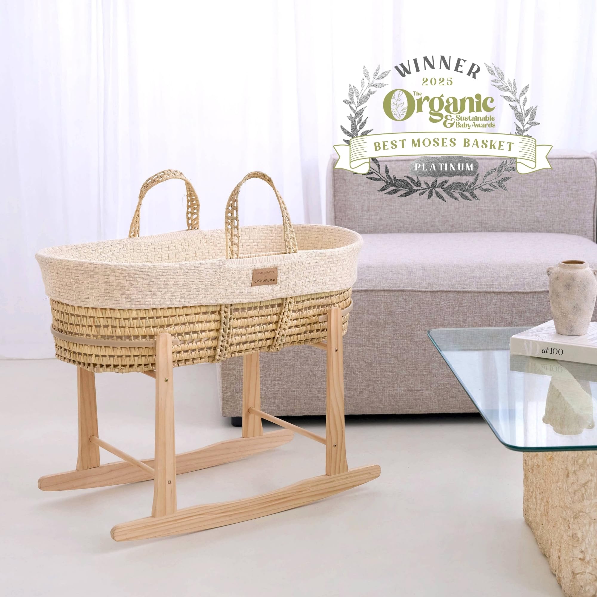 Clair de Lune Moisés de Punto orgánico con Cesta de Palma Natural, apósito de Punto orgánico y colchón de bambú Natural, 75 x 28 cm (Crema)