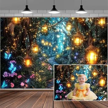 7x5ft Fairy Enchanted Forest Photography Backdrop Blue Wonderland Photography Backdrop Floral Flower Butterfly Baby Shower Photography Background Teen Girl Spring Birthday Party Photo Studio Shoot