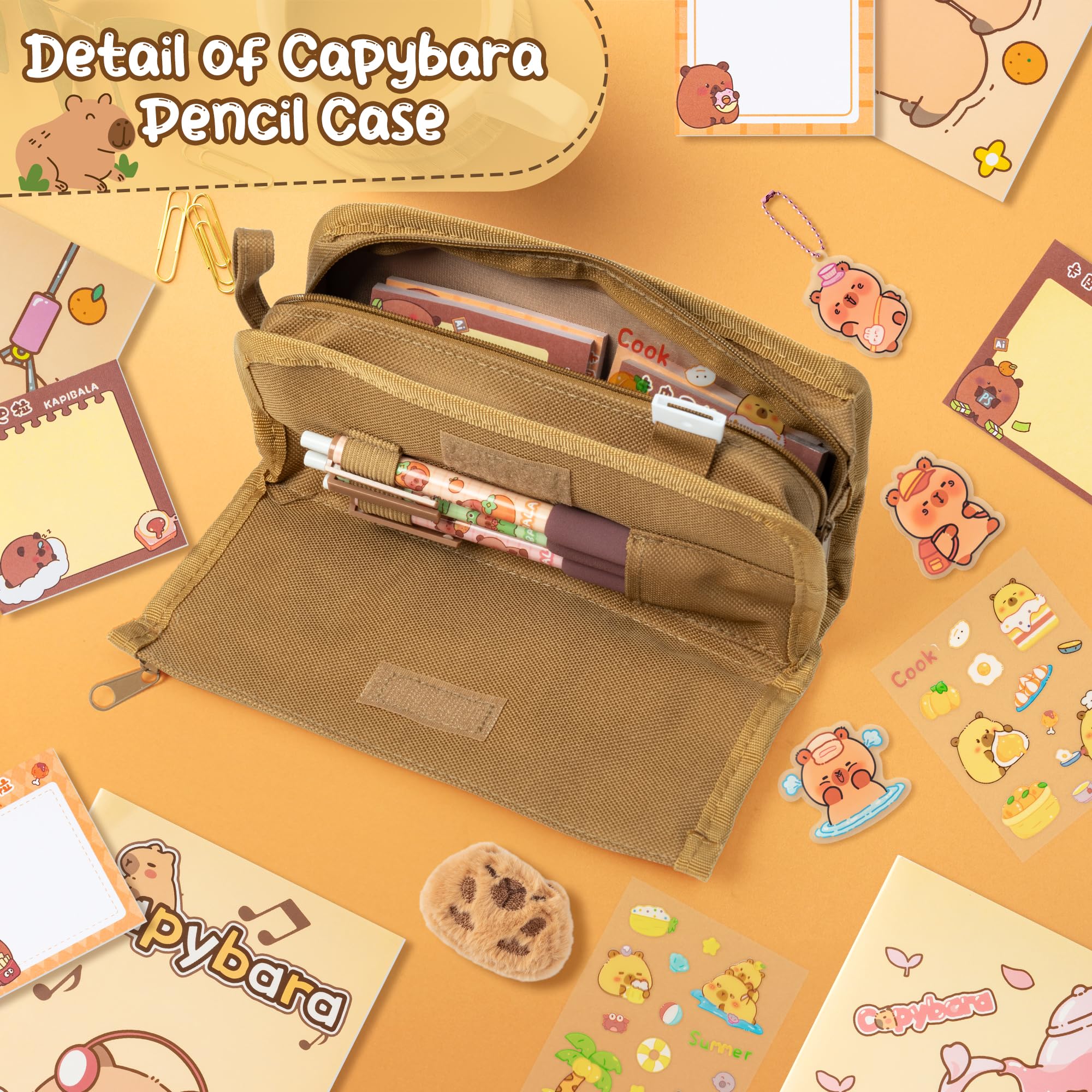 GwaOery Capybara Stationery Set - Multifunctional Pencil Pouch Large Capacity Case with Zip Multi-Layer Pencil Case Include Capybara Pens Keychains Sticky Notes for Office Kids School Supplies - Image 4