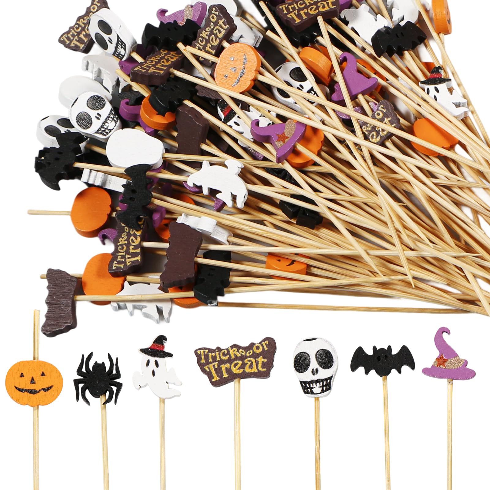 100Pcs Halloween Cocktail Sticks, 12cm Wooden Cocktail Sticks, Wooden Skewers with Ghosts Witch Hats Pumpkin Ornament, Party Toothpicks for Appetizers, Halloween Food Decoration