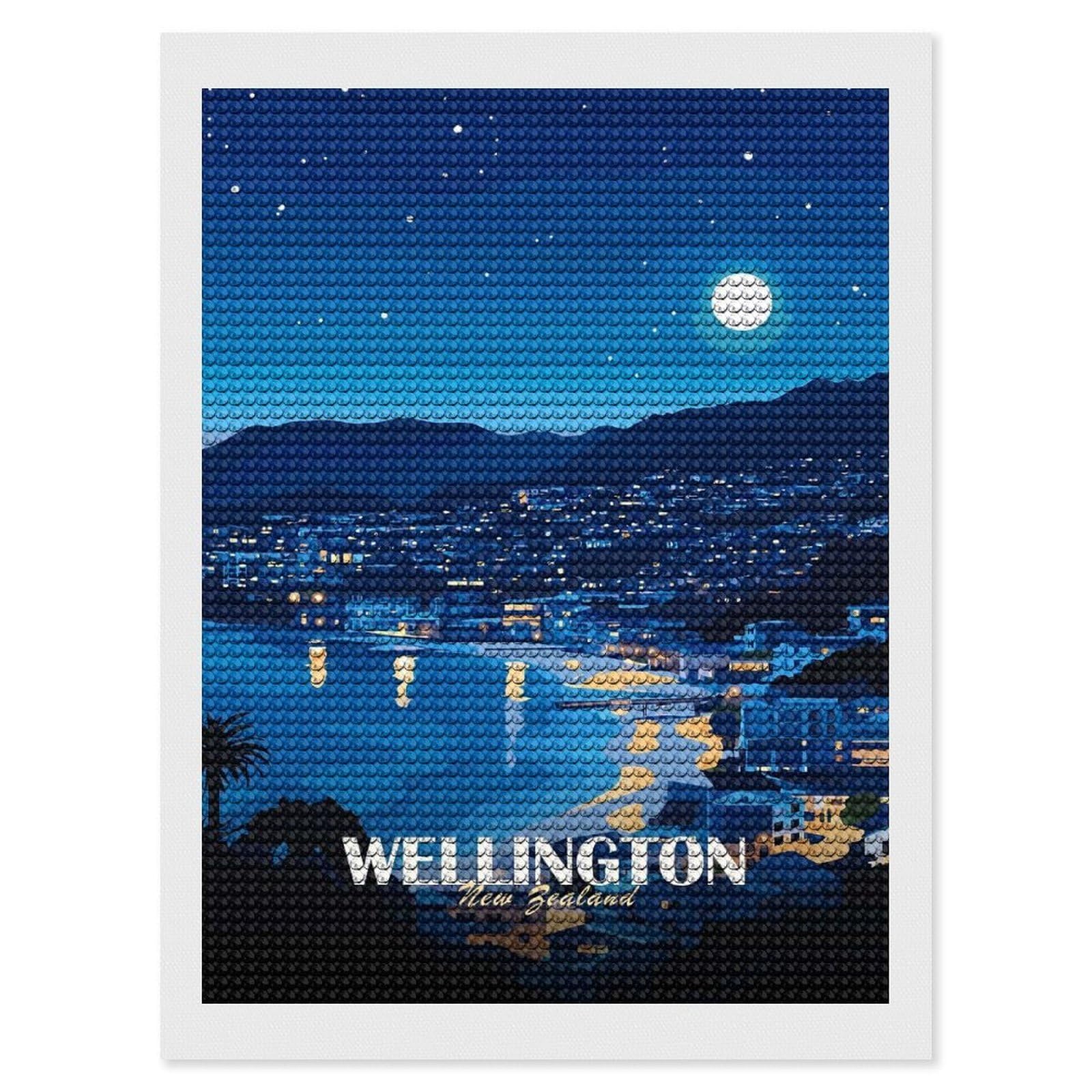 Junmoney Wellington New Zealand Night Cityscape Diamond Art Canvas 12"x16", for Adults, Good for Quiet Evenings, Bedroom Decor, Festive Craft Gift, Easy to Enjoy