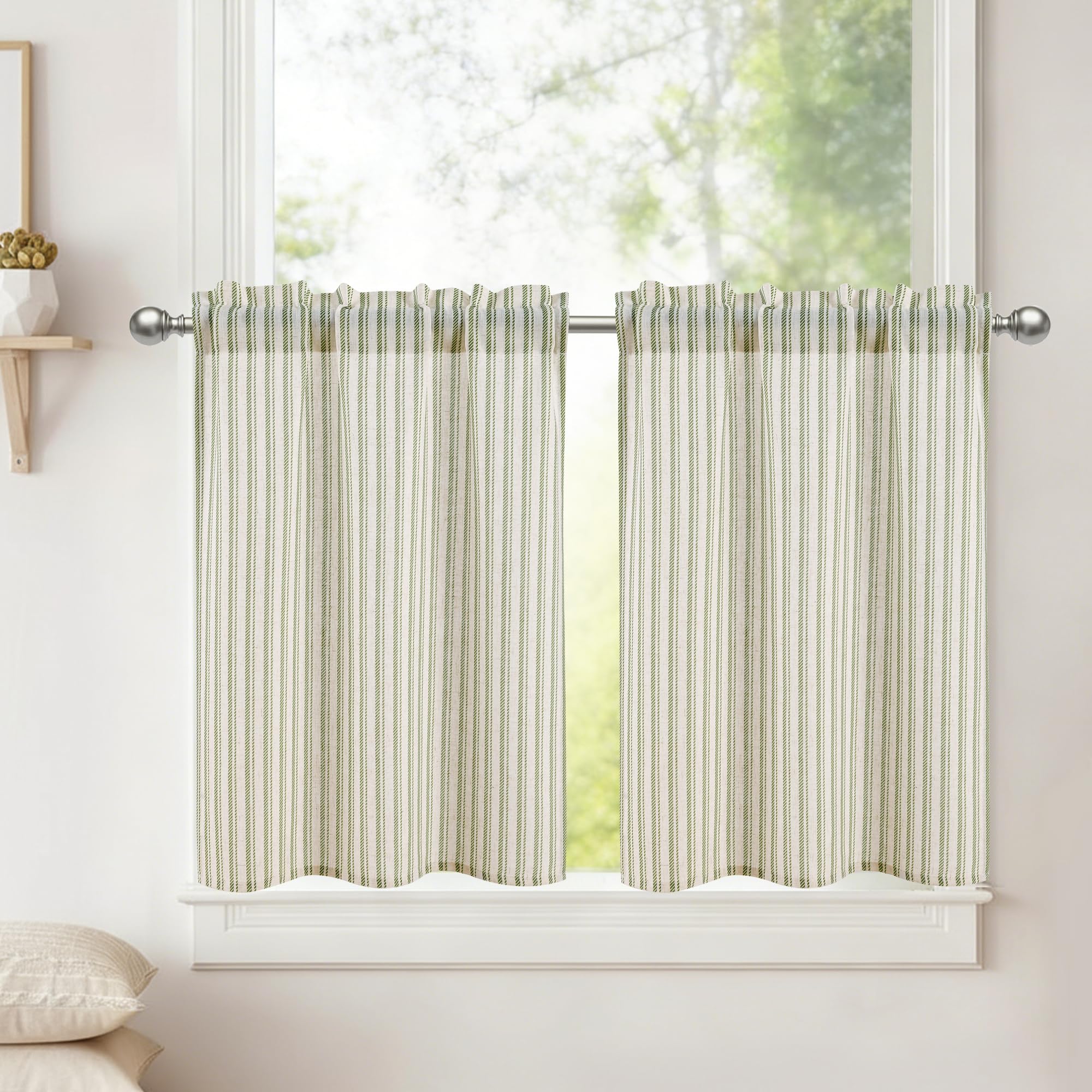 DWCN Kitchen Curtains 24 Inch Drop, Linen Short Cafe Curtain Valance for Sink, Basement, Half Window, Small Window Curtains, W26 x L24, Green Stripes, 2 Panels โ image 1