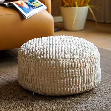 Pouf Ottoman Cover Decorative Soft Storage Round Bean Bag Beige Unstuffed Pouf Seat 20x20x8 Inches Floor Footrest for Living Room Bedroom Outdoor Round, Beige
